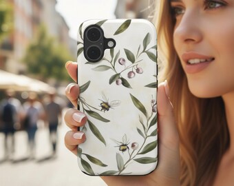 Funda para iPhone con diseño de abeja y MagSafe, funda botánica para iPhone, diseño de rama de olivo, estética minimalista natural, elegante funda de jardín.