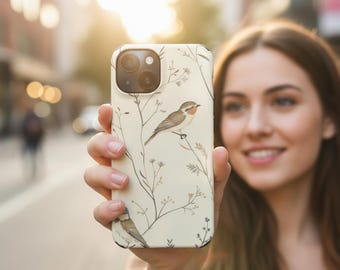Funda para teléfono MagSafe con diseño de pájaros, funda vintage botánica para iPhone, diseño cottagecore de pájaros, estética natural neutra, estampado floral minimalista.