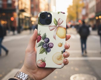 Funda para teléfono MagSafe con diseño de frutas, funda para iPhone con lazo, diseño de frutas variadas, estética botánica, estilo cottagecore, regalo para ella.