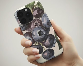 Funda resistente para teléfono con diseño de arándanos, funda para iPhone con diseño de frutas, funda con estética botánica, diseño vintage de arándanos, funda protectora, regalo para ella.