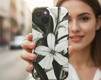 Funda para teléfono MagSafe con diseño floral botánico, funda blanca para iPhone con estampado floral, diseño minimalista neutro, estética elegante y natural, regalo de lujo.