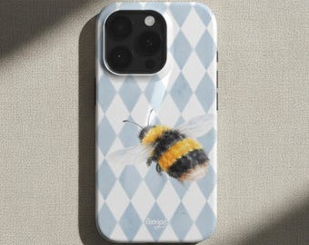 Bumblebee iPhone-hoesje, compatibel met MagSafe, zachtblauw patroon, minimalistisch ontwerp