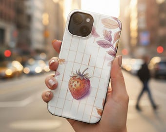 Funda para teléfono MagSafe con diseño de fresas, funda femenina para iPhone, bonito diseño de fresas, funda rosa estética, estilo suave y femenino.