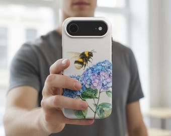 Funda para teléfono Bumblebee MagSafe, funda para iPhone Cottagecore Bee, diseño de abejorro e hortensia, funda floral Nature Bee, estética botánica suave