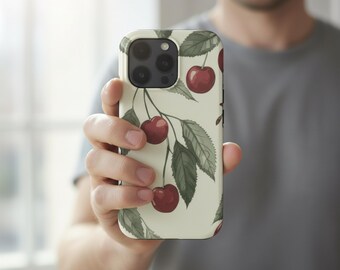 Funda para iPhone con diseño de cerezas y MagSafe, funda botánica para iPhone con estampado de frutas vintage, funda con diseño de frutas para chicas, estilo verde neutro suave.