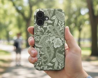 Funda para iPhone MagSafe con estampado paisley, funda botánica para iPhone, estampado paisley floral vintage, funda de estética neutra verde, estilo clásico y suave.