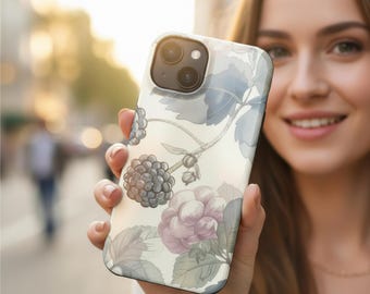 Funda botánica para teléfono MagSafe, funda vintage floral para iPhone, diseño de mora, estética cottagecore, inspirada en la naturaleza.