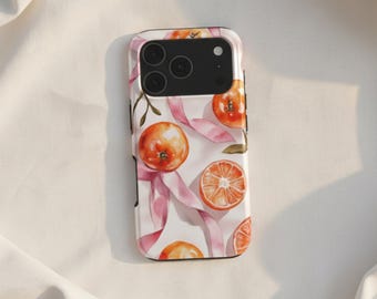 Funda para iPhone con diseño botánico de cítricos naranjas, compatible con MagSafe.