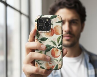 Funda para teléfono MagSafe color melocotón, funda para iPhone con lazo color melocotón, diseño botánico de frutas, estética cottagecore, regalo para ella.