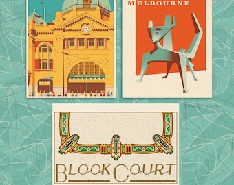 Set of eight Melbourne heritage illustrated postcards