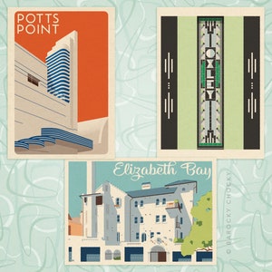 Set of eight Potts Point & Elizabeth Bay heritage illustrated postcards