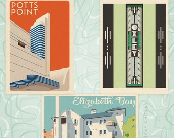 Set of eight Potts Point & Elizabeth Bay heritage illustrated postcards