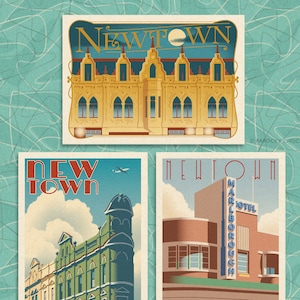 Set of eight Newtown heritage illustrated postcards
