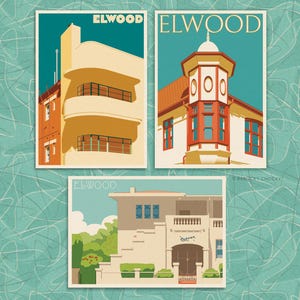 Set of eight Elwood heritage illustrated postcards