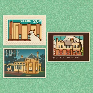 Set of eight Glebe heritage illustrated postcards