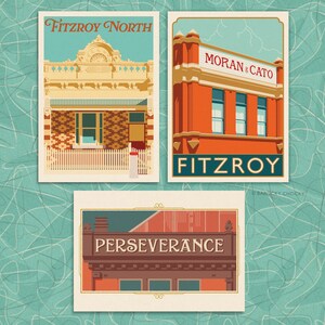 Set of eight Fitzroy heritage illustrated postcards