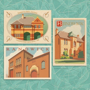 Set of eight Randwick heritage illustrated postcards