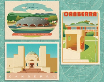 Set of eight Canberra heritage illustrated postcards