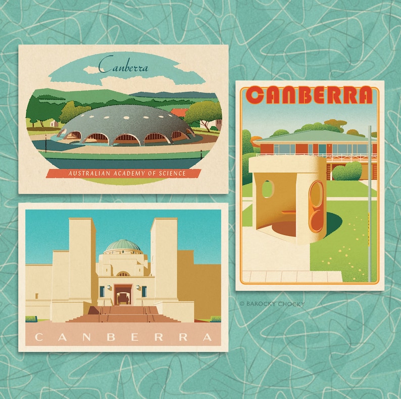 Set of eight Canberra heritage illustrated postcards image 1