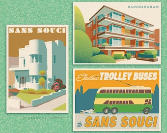 Set of eight Sans Souci heritage illustrated postcards