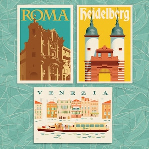 Set of eight Europe heritage illustrated postcards