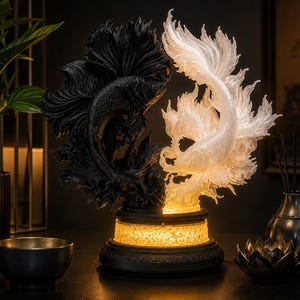 May include: A decorative lamp featuring two sculpted betta fish, one black and one translucent white, arranged in a circular yin-yang formation. The fish are mounted on a circular base that emits a warm, glowing light from its textured center.