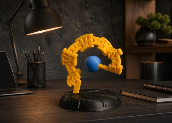 A hand-crafted geometric balancing sculpture that teeters in hypnotic equilibrium — the kind of desk object that makes visitors stop mid-sentence.