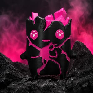 May include: A black cylindrical figurine with a matte finish, featuring a jagged crack pattern revealing a bright pink interior. The figure has two pink circular eyes with white dots and a small horizontal mouth, topped with several pink crystal-like spikes.