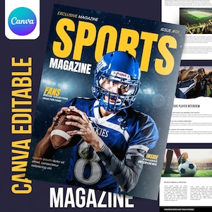 以下が含まれることがあります： 青いユニフォームとヘルメットを着用し、フットボールを持っているフットボール選手のスポーツ雑誌の表紙。雑誌のタイトルは黄色で「SPORTS MAGAZINE」です。追加のテキストには、「EXCLUSIVE MAGAZINE」、「ISSUE #01」、および「INSIDE EXCLUSIVE INTERVIEWS」が含まれます。