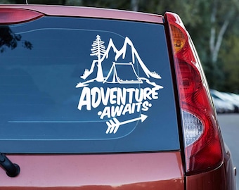Adventure Awaits Car Decal, Mountain Vinyl Sticker, Outdoor Hiking SUV Camper Window Decal, Adventure Vinyl, Off Road Adventure Sticker
