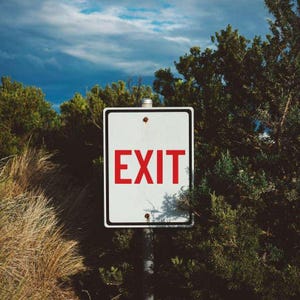 May include: A rectangular white EXIT sign with red lettering is mounted on a metal pole. The sign is surrounded by green trees and bushes, with a cloudy blue sky in the background.