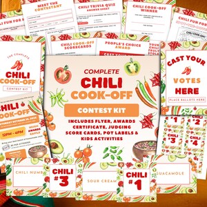 May include: A complete chili cook-off contest kit with flyer, awards, certificate, judging scorecards, pot labels, and kids activities. Includes voting ballots, chili trivia, and contestant forms. Features illustrations of chili peppers, tomatoes, and avocados.