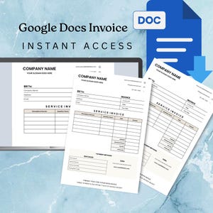 May include: A digital invoice template for Google Docs, with the text "Google Docs Invoice INSTANT ACCESS". The design includes a tablet screen and printed invoice sheets, with a blue document icon.