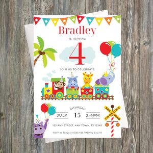 ジャングルアニマル列車4歳の誕生日招待状Canvaテンプレート、子供向けサファリ4歳誕生日印刷可能パーティー招待状