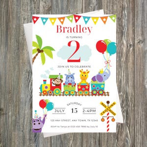 ジャングルアニマル列車2歳の誕生日招待状Canvaテンプレート、子供向けサファリ2歳誕生日印刷可能パーティー招待状