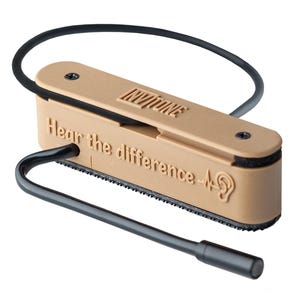 May include: Tan hearing aid device with the text "INVOTONE" and "Hear the difference". The device has a black wire and a black earbud. The device is rectangular with a black rubber band.