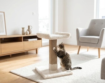 Modern Cat Bed with Scratching Post – 60cm Tall Jute Rope Cat Scratcher Tower with Soft Plush Top for Indoor Cats, Christmas Cat Gift