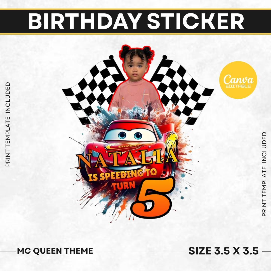 Editable Race Car Birthday Sticker, Racecar Party, Racing Party, Sport ...