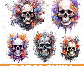 Paquete de imágenes prediseñadas de calavera floral PNG, 5 calaveras florales PNG, diseño de calavera PNG, diseño de calavera floral, PNG, Jpg, descarga instantánea PNG, calavera floral.