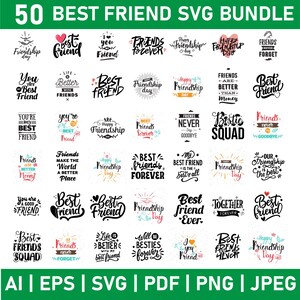 Puede incluir: Una colección de 50 diseños SVG con citas y frases sobre la amistad en varias fuentes. Los diseños incluyen frases como "Mejor Amigo", "Amigos para siempre" y "Besties Squad", en blanco y negro.