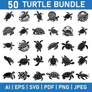 Könnte beinhalten: Eine Sammlung von 50 schwarzen Schildkröten-Illustrationen in verschiedenen Posen und Stilen. Der Text "50 TURTLE BUNDLE" steht oben, mit Dateityp-Optionen unten. Ideal für digitale Kunst, Kunsthandwerk und Designprojekte.