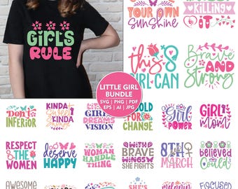 May include: Black t-shirt with the text "Girl's Rule" in pink and green. The image also includes a bundle of SVG, PNG, and PDF files with various empowering phrases like "Girl Power" and "Brave and Strong".