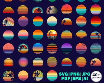 40 Retro Sunset SVG Bundle | Vintage Palm Tree and Beach Designs | Distressed Retro Sun and Summer Clipart for Cricut and Sublimation