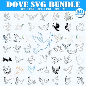 Op de afbeelding: Een verzameling van 50 duif clipart afbeeldingen in verschillende stijlen, waaronder lijntekeningen en gedetailleerde illustraties. De tekst "DOVE SVG BUNDLE" staat bovenaan, met bestandstype opties eronder. De afbeeldingen tonen duiven met olijftakken en in vlucht.