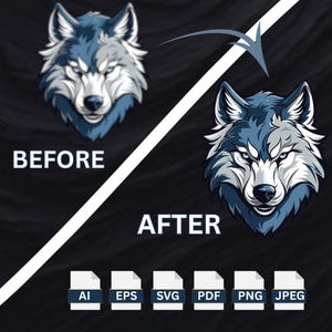 May include: A comparison graphic of a wolf head design, labelled "BEFORE" and "AFTER". The "BEFORE" image shows a blue and grey wolf head. The "AFTER" image shows a refined version. File type icons are shown below.