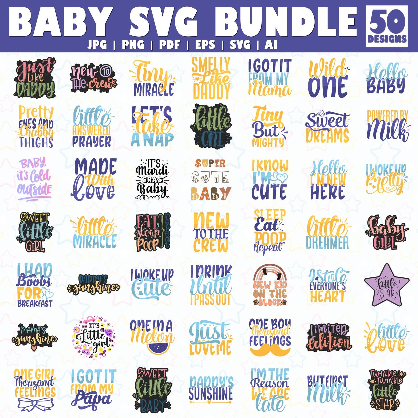 50 Baby SVG Bundle | Newborn and Funny Quotes | Baby Shower and Onesie ...