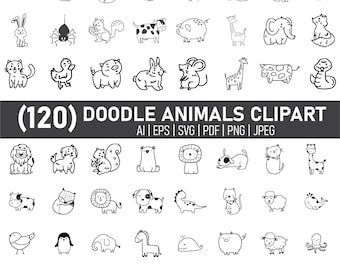 120 Animal Doodle SVG Bundle | Cute Safari, Farm, Woodland And Baby Animals | Kawaii Animal Clipart PNG | Cricut & Silhouette Files