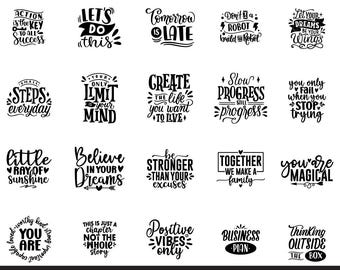 Puede incluir: Un paquete motivacional en blanco y negro con 50 diseños. Cada diseño presenta citas y frases inspiradoras como "Cree en tus sueños" y "Solo vibraciones positivas". El paquete incluye varios formatos de archivo.