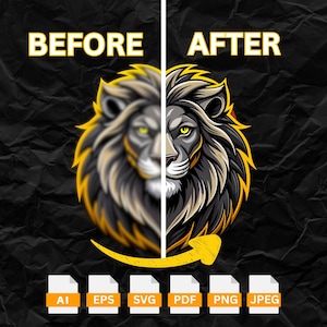 May include: A graphic design showcasing a lion's head, split into "Before" and "After" sections. The "Before" side is blurred, while the "After" side is detailed. Below are file format icons: AI, EPS, SVG, PDF, PNG, and JPEG.