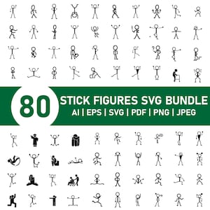 Op de afbeelding: Een verzameling van 80 zwarte stokfiguur illustraties in verschillende poses, waaronder lopen, springen en zitten. De figuren zijn gerangschikt op een witte achtergrond, met een groene banner onderaan met de tekst "80 STICK FIGURES SVG BUNDLE".